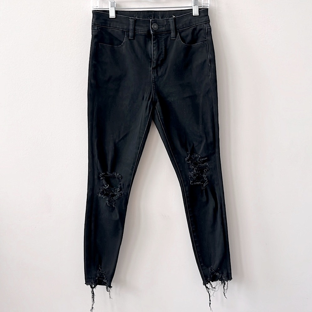 AEO American Eagle The Dream Jean Hi Rise Ripped Jeggings Black Size 4 SHORT
